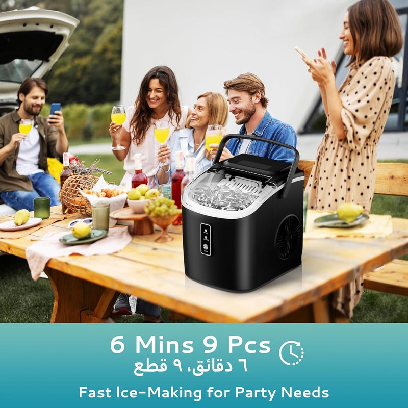 EUHOMY Ice Maker Countertop 9 Cubes in 6 Mins 12Kg/Day Auto-Cleaning Portable Ice Machine with Ice Scoop & Basket & Handle & Clear View for Home/Kitchen/Party/Office (Black) - Image 3