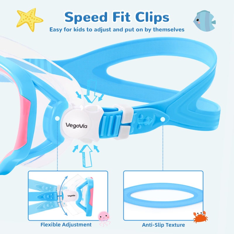 VegoVia 2 Pack Kids Swim Goggles with Nose Cover 6-14, Kids Pool Goggles for Swimming 8-14 4-7 Girls Boys Youth Toddler, Anti Fog No Leak UV Protection Clear Diving Swim Mask Underwater Wide View - Image 5
