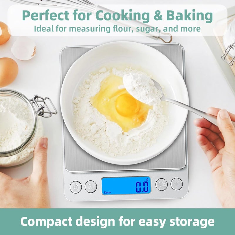 Digital Kitchen Scale 3000g/0.1g, High Precision Food Scale with Grams/Oz/LB/ML, Tare Function, LCD Display, Stainless Steel for Baking, Cooking, Keto, Batteries Included - Image 3