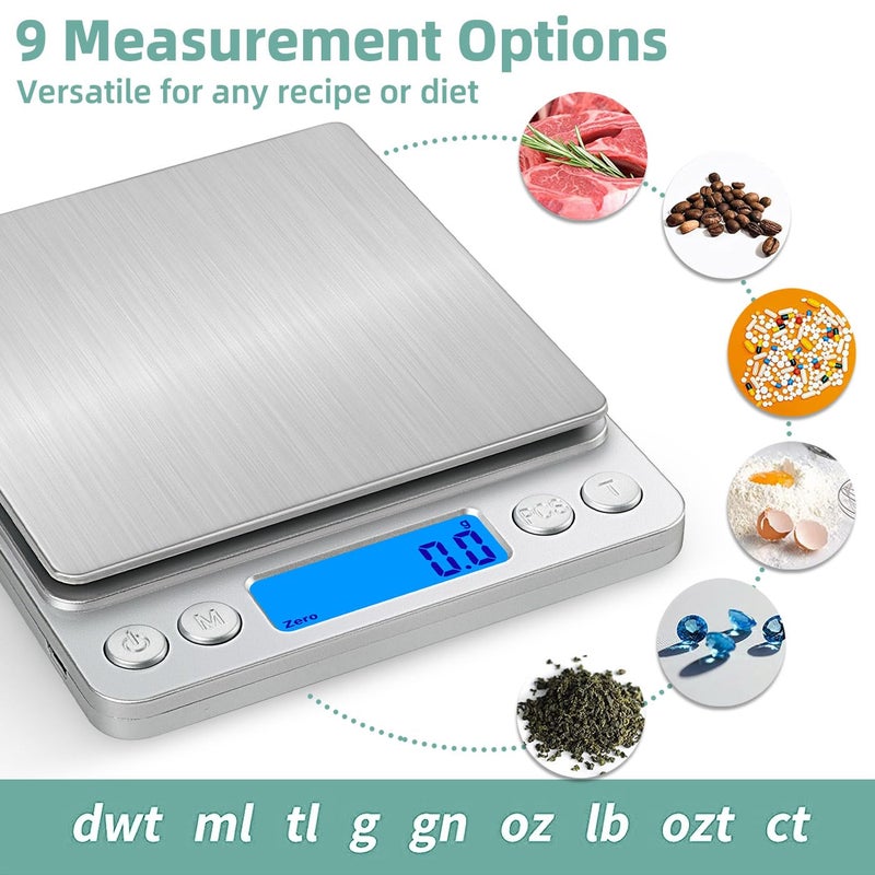 Digital Kitchen Scale 3000g/0.1g, High Precision Food Scale with Grams/Oz/LB/ML, Tare Function, LCD Display, Stainless Steel for Baking, Cooking, Keto, Batteries Included - Image 4