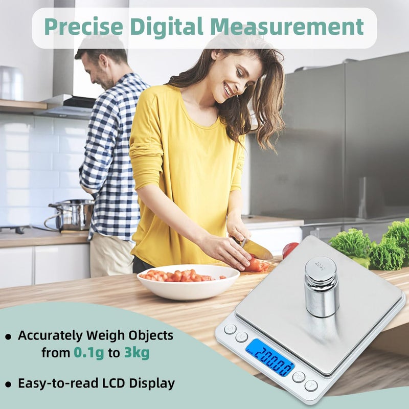 Digital Kitchen Scale 3000g/0.1g, High Precision Food Scale with Grams/Oz/LB/ML, Tare Function, LCD Display, Stainless Steel for Baking, Cooking, Keto, Batteries Included - Image 2