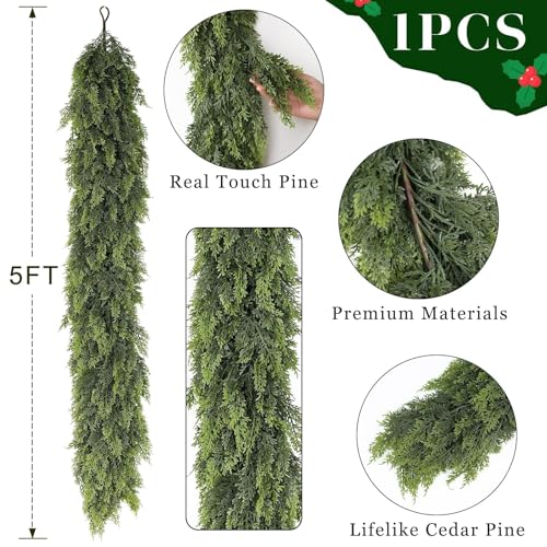 Juxdp 5FT Real Touch Cedar Garland - Artificial Christmas Garland Fake Green Faux Thick and Lush Pine Needles Garlands for Table Fireplace Mantle Holiday Home Indoor Outdoor Decor (1PCS) - Image 5
