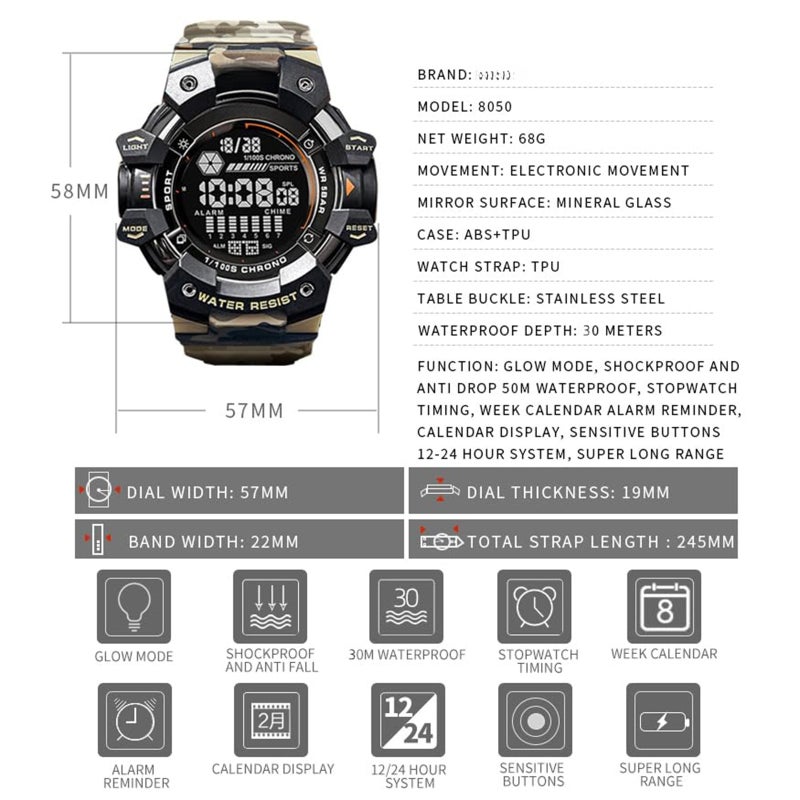 SMAEL Camo Style Men Outdoor Sports Watch Fashion Student Waterproof Digital Wristwatch Adolescent Multifunction Wristwatch - Image 5