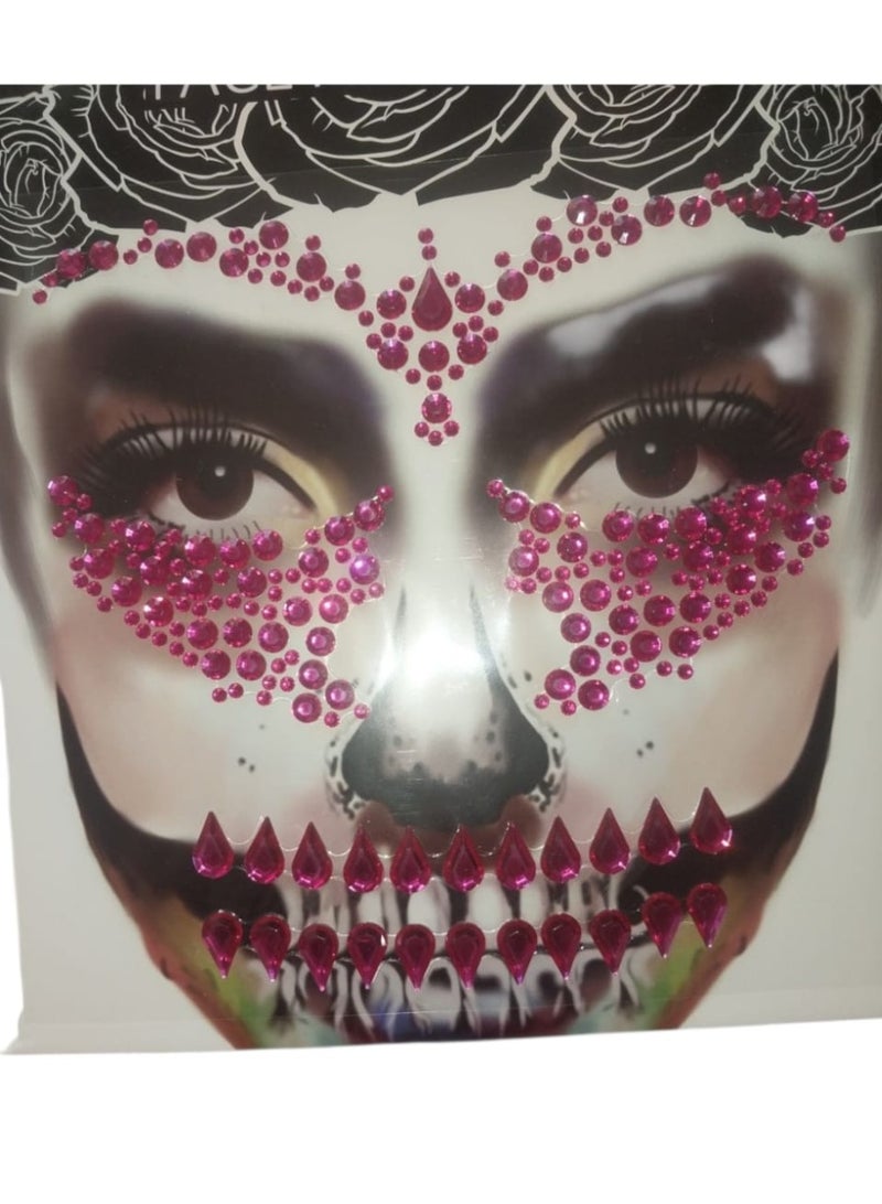 تصميم مكياج جمجمة سكرية مرصع بالأحجار – وشم وجه لامع للهالوين واحتفالات يوم الأموات والمهرجانات | إطلالة جمجمة كريستالية متلألئة لعاشقات الجمال القوطي والفخم - Image 1