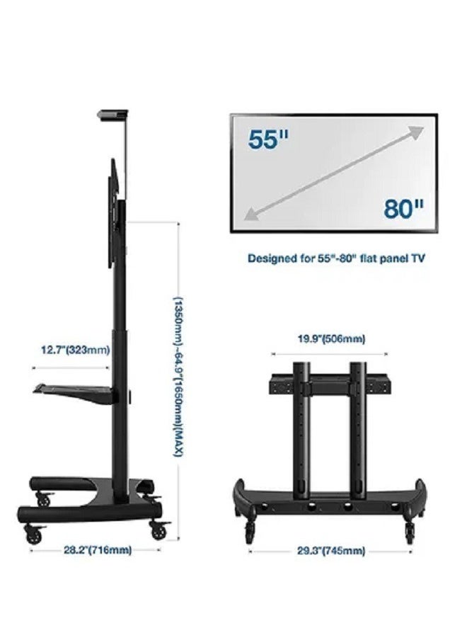ELTRAZONE - Mobile TV Cart Rolling TV Stand with Lockable Wheels for 55 to 80 Inch Plasma LCD LED Flat or Curved Screen TVs up to 100lbs - Height Adjustable (55-80 inch) Black - Image 1