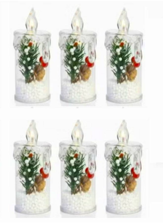 كاندل 6 قطع من مصابيح شموع عيد الميلاد مع أضواء LED وأشجار الصنوبر الخضراء والتوت الأحمر والصنوبر - ديكور منزلي احتفالي للأعياد (11 سم) - Image 1