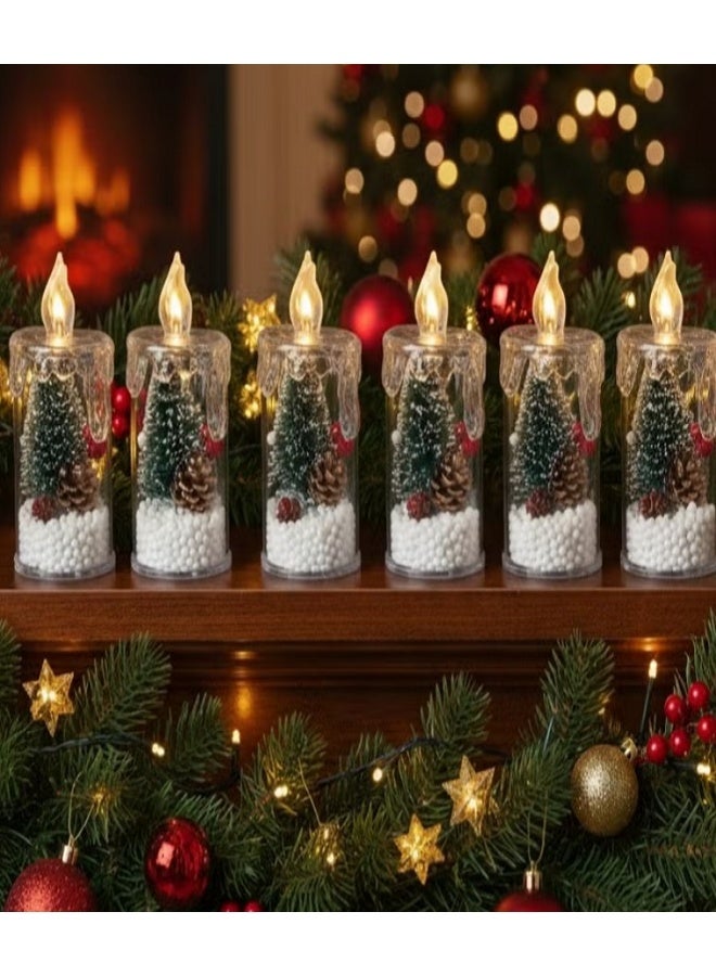 كاندل 6 قطع من مصابيح شموع عيد الميلاد مع أضواء LED وأشجار الصنوبر الخضراء والتوت الأحمر والصنوبر - ديكور منزلي احتفالي للأعياد (11 سم) - Image 2