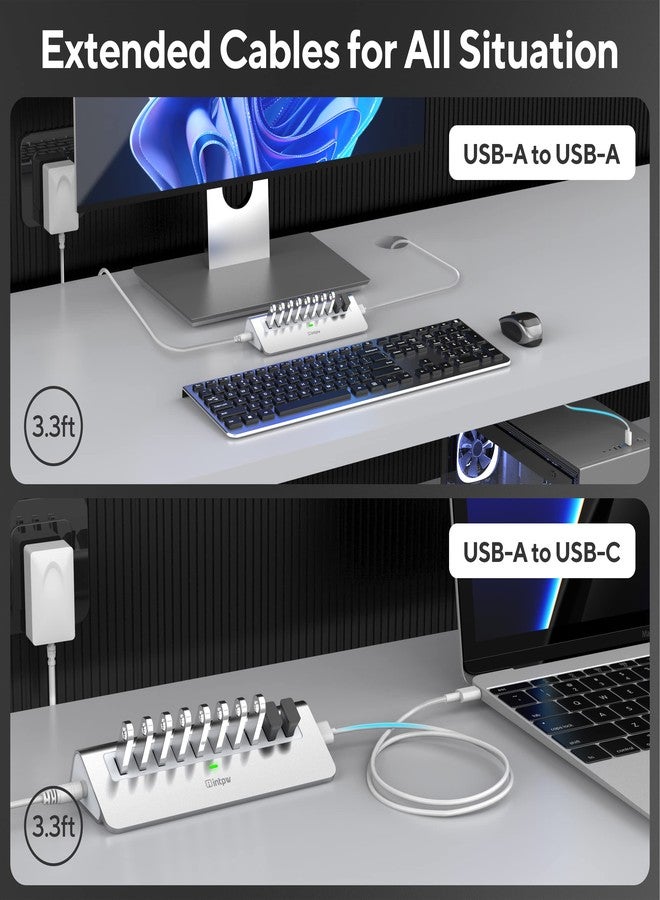 intpw USB Powered Hub, 10 USB 3.1 Ports with 10Gbps Data Transfer with 36W Power Adapters (12V/2.5A), USB A and C Cables for MacBook and Desktop Computers - Image 4