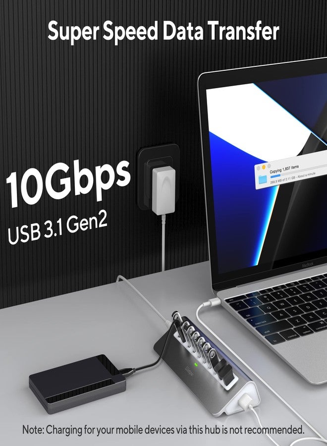 intpw USB Powered Hub, 10 USB 3.1 Ports with 10Gbps Data Transfer with 36W Power Adapters (12V/2.5A), USB A and C Cables for MacBook and Desktop Computers - Image 3