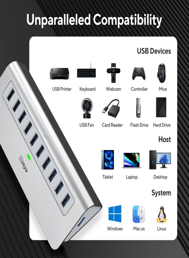 intpw USB Powered Hub, 10 USB 3.1 Ports with 10Gbps Data Transfer with 36W Power Adapters (12V/2.5A), USB A and C Cables for MacBook and Desktop Computers - Image 5