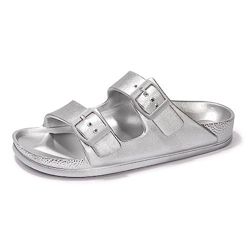 FUNKYMONKEY Women's Plastic Sandals New Upgrade Quality EVA Waterproof Double Buckle Adjustable Slides Shoes (7 M US, New Variation Silver/XPZ) - Image 1