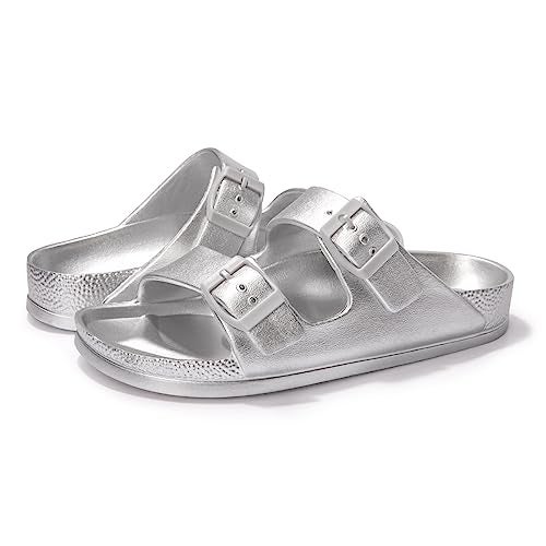 FUNKYMONKEY Women's Plastic Sandals New Upgrade Quality EVA Waterproof Double Buckle Adjustable Slides Shoes (7 M US, New Variation Silver/XPZ) - Image 5
