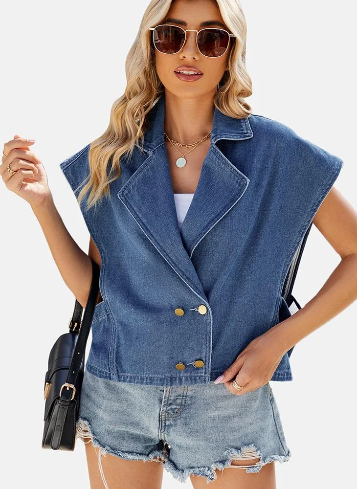 يونيكي Blue Plain Regular Fit Short Sleeve Denim Jacket