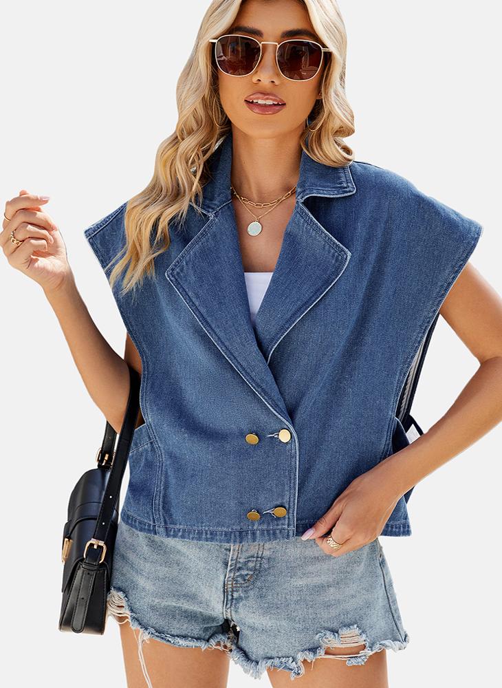 يونيكي جاكيت جينز أزرق سادة بأكمام قصيرة - Image 3