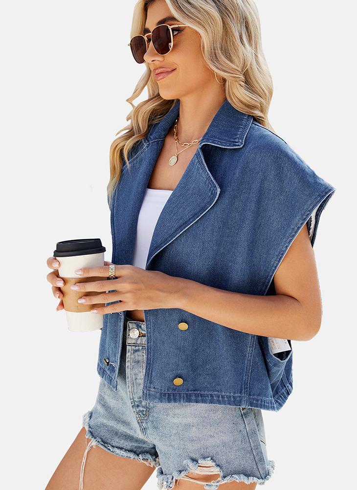 يونيكي جاكيت جينز أزرق سادة بأكمام قصيرة - Image 4