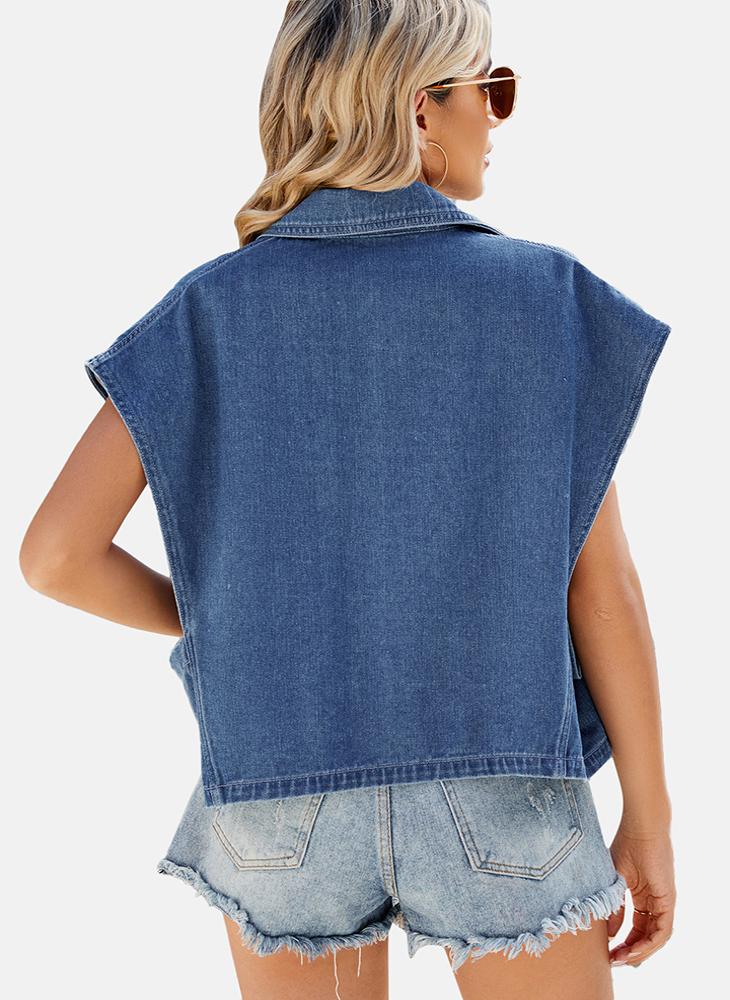 يونيكي جاكيت جينز أزرق سادة بأكمام قصيرة - Image 5