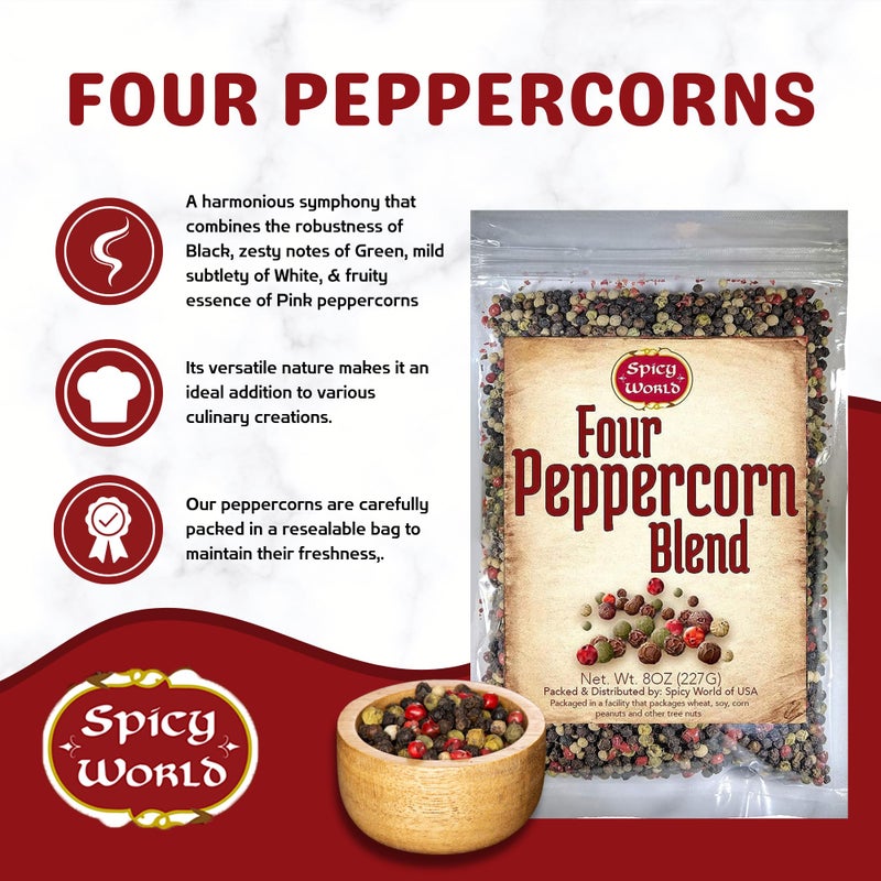 Denver Spice Spicy World Four Peppercorn Rainbow Blend in Resealable Bag - Perfect Flavor Blend - NON-GMO, Steam Sterilized - Whole Black, Whole Green, Whole White & Whole Pink Peppercorns, 8 Oz - Image 2