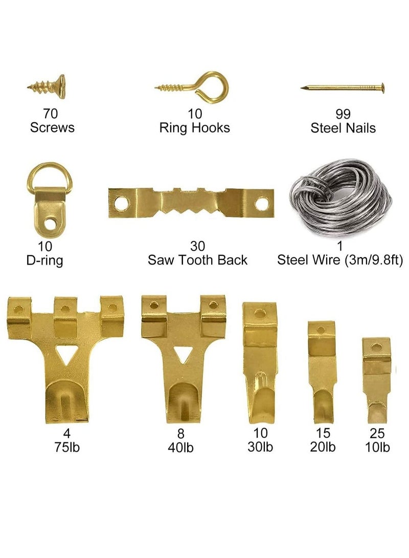 NIBEMINENT Picture Hooks, Hard Wall Hanging Kit for Frame Fixing Assorted Heavy Duty Frames with 3M Wire Steel Hooks Sawtooth Hangers/ D-Ring/ Wire/ Nails/ Screws（282PCS ）  - Image 4