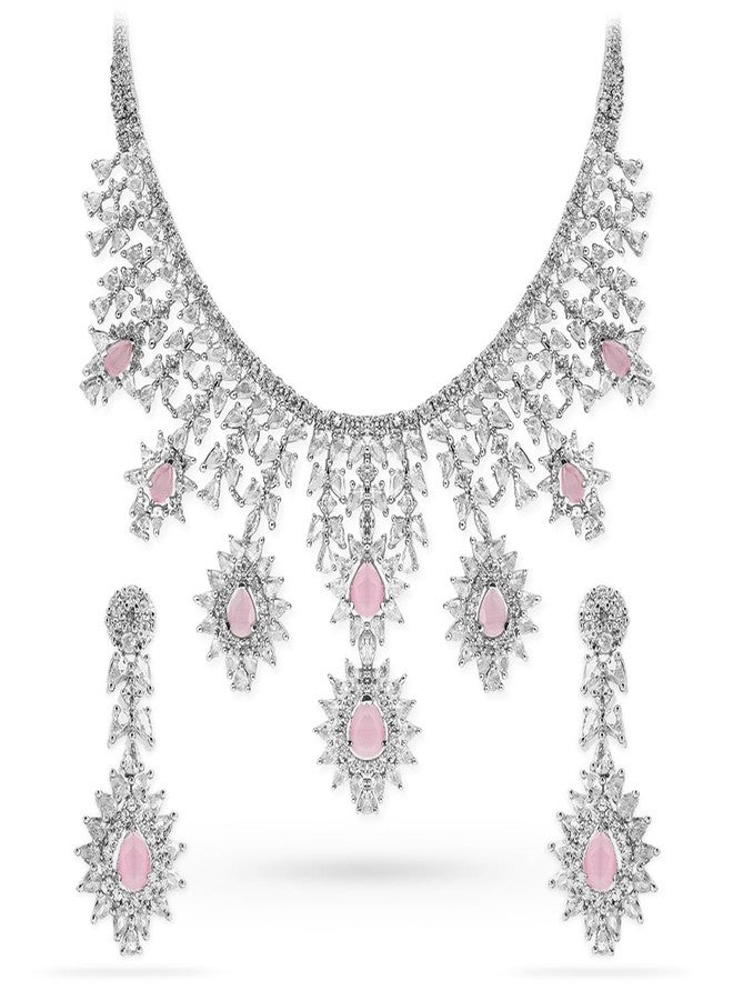 Rubans Womens Handcrafted Pink AD Stone Studded Necklace and Earring Set with Droplet Design - Ideal for Weddings, Parties & Special Occasions - Image 1