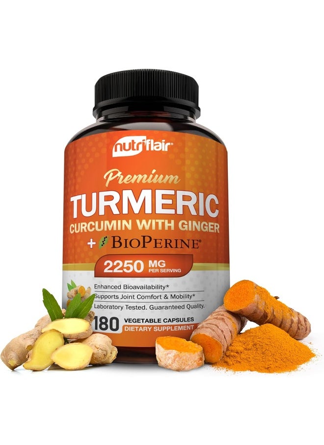 NutriFlair Turmeric Curcumin with Ginger & BioPerine Black Pepper Supplement 2250mg, 180 CAPSULES  - Image 1