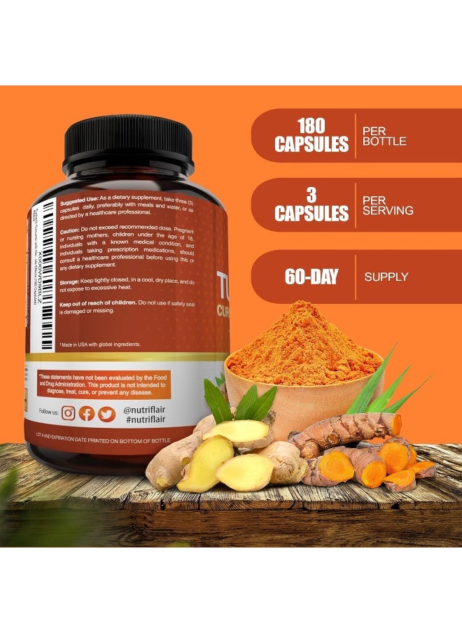 NutriFlair Turmeric Curcumin with Ginger & BioPerine Black Pepper Supplement 2250mg, 180 CAPSULES  - Image 2