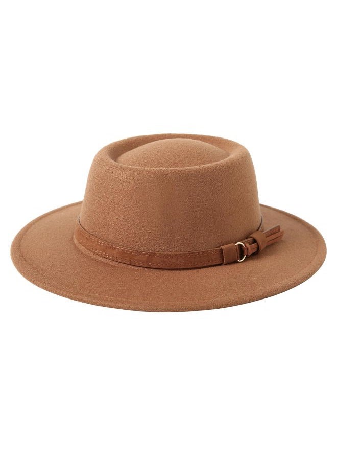 Lanzom Women Vintage Wide Brim Warm Wool Fedora Hat Belt Panama Hat Felt Jazz Hat (B-Khaki, Medium) - Image 2
