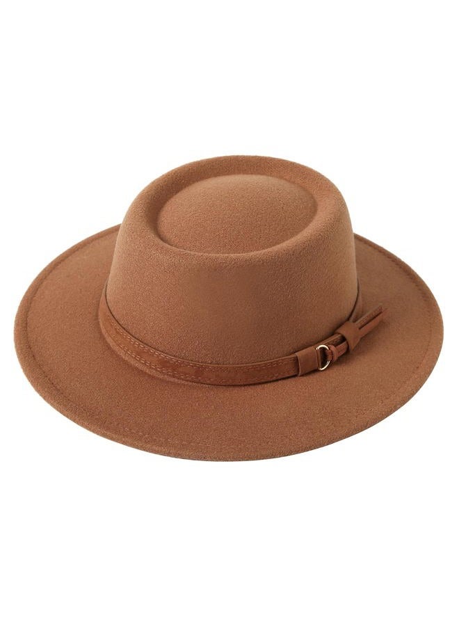 Lanzom Women Vintage Wide Brim Warm Wool Fedora Hat Belt Panama Hat Felt Jazz Hat (B-Khaki, Medium) - Image 1