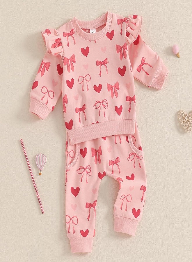Honganda Fashion Baby Girl Valentine's Day Outfit Long Sleeve Ruffle Bow Heart Sweatshirt with Casual Pants Fall 2Pcs Set (Pink, 18-24 Months) - Image 3