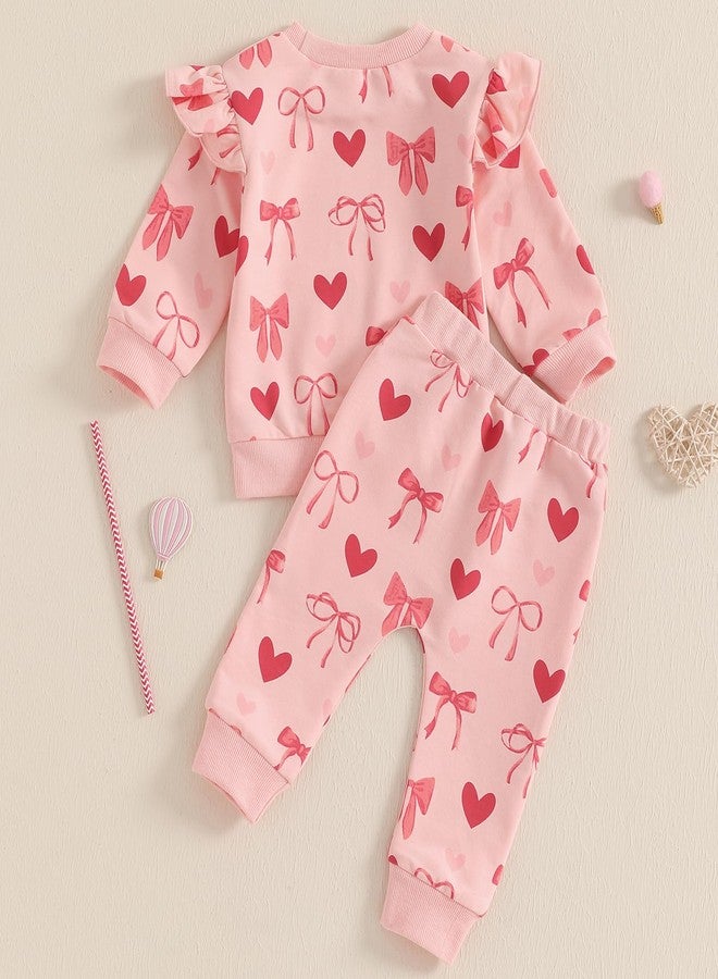 Honganda Fashion Baby Girl Valentine's Day Outfit Long Sleeve Ruffle Bow Heart Sweatshirt with Casual Pants Fall 2Pcs Set (Pink, 18-24 Months) - Image 4