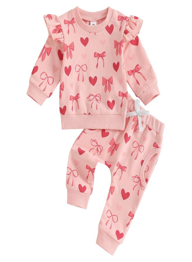 Honganda Fashion Baby Girl Valentine's Day Outfit Long Sleeve Ruffle Bow Heart Sweatshirt with Casual Pants Fall 2Pcs Set (Pink, 18-24 Months) - Image 1