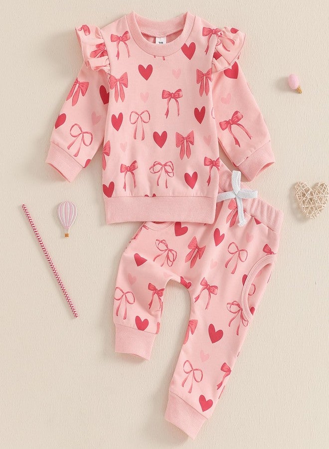 Honganda Fashion Baby Girl Valentine's Day Outfit Long Sleeve Ruffle Bow Heart Sweatshirt with Casual Pants Fall 2Pcs Set (Pink, 18-24 Months) - Image 2