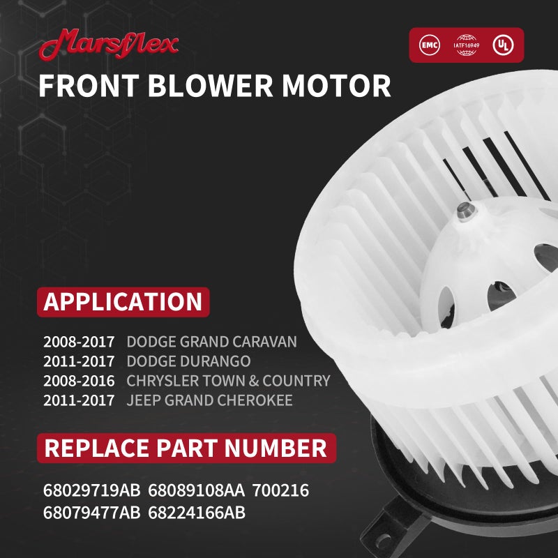 Marsflex Front Blower Motor 700216 for 2008-2017 Dodge Grand Caravan Durango, for Chrysler Town & Country, for Jeep Grand Cherokee, 2009 2010 2011 2012 2013 2014 2015 2016 Blower Motor OE: 68079477AB - Image 2