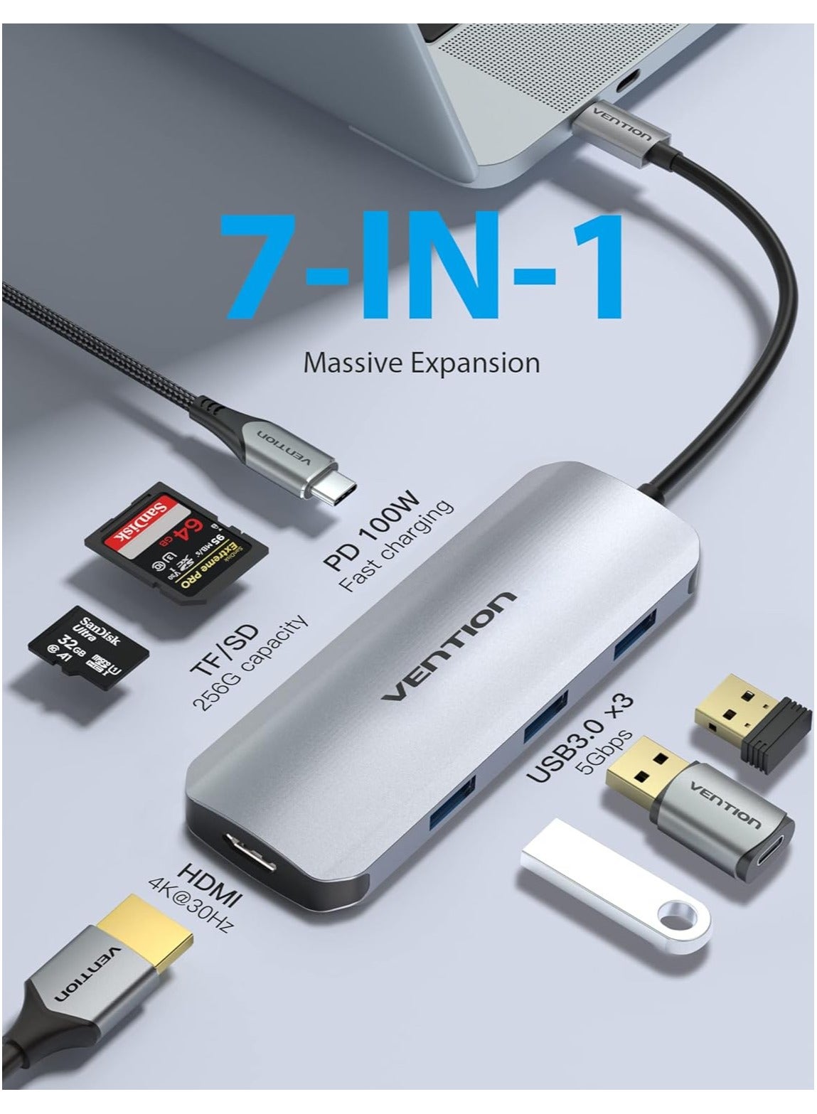 Vention 7-in-1 USB-C Docking Station TOJHB 0.15M Gray with 4K@30Hz HDMI 5Gbps USB 3.0*3, SD/TF Card Reader 100W PD OTG Support Aluminum Alloy for MacBook, iPad, Steam Deck, Lenovo, Huawei