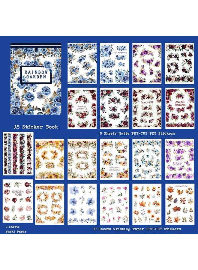 Dwpetzo Vintage Watercolor Flower Stickers, Precut Journal Sticker Book for Junk Journaling, Assorted Materials PET Washi Paper Stickers for Scrapbooking Supplies, Planners, Collage, 20 Sheets, A5 - Image 2