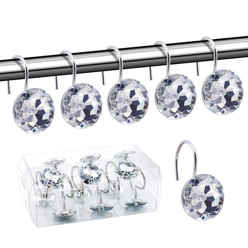 BEAVO Acrylic Fashion Decorative Home Rolling Transparent Shower Curtain Hooks Rhinestones Bathroom Bath Baby Room Bedroom Living Room Decor Set of 12 Rings (Transparent) - Image 1