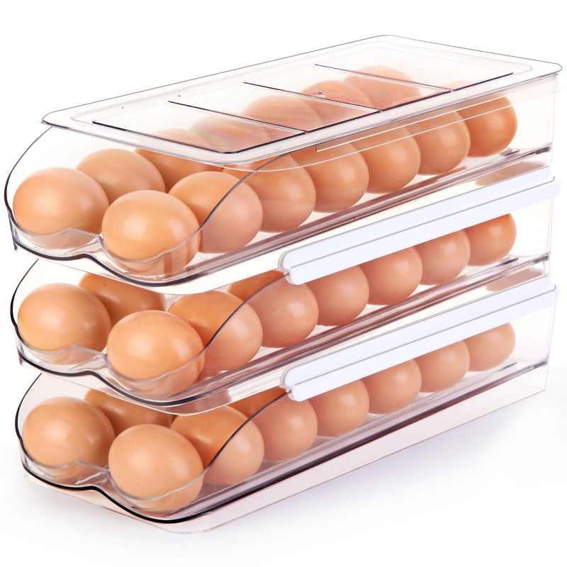 RoskDeewat Egg Holder for Fridge, Automatically Rolling Egg Container for Refrigerator, Clear Plastic Fridge Organizers and Storage with Lid, Stackable Egg Dispenser & Tray (3 Tier) - Image 1