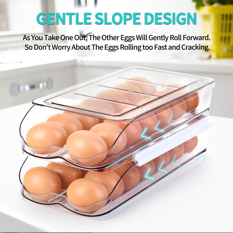 RoskDeewat Egg Holder for Fridge, Automatically Rolling Egg Container for Refrigerator, Clear Plastic Fridge Organizers and Storage with Lid, Stackable Egg Dispenser & Tray (3 Tier) - Image 2