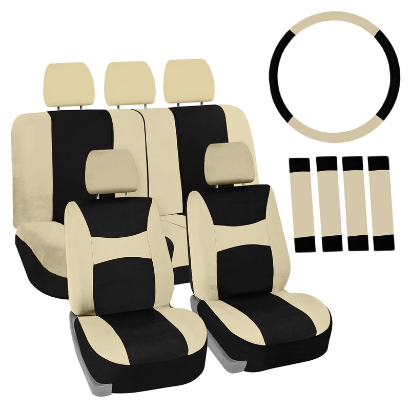 Automotive Seat Covers Beige Black Universal Fit Seat Cover Combo Set with Steering Wheel Cover and Seat Belt Pad Airbag Compatible and Split Bench