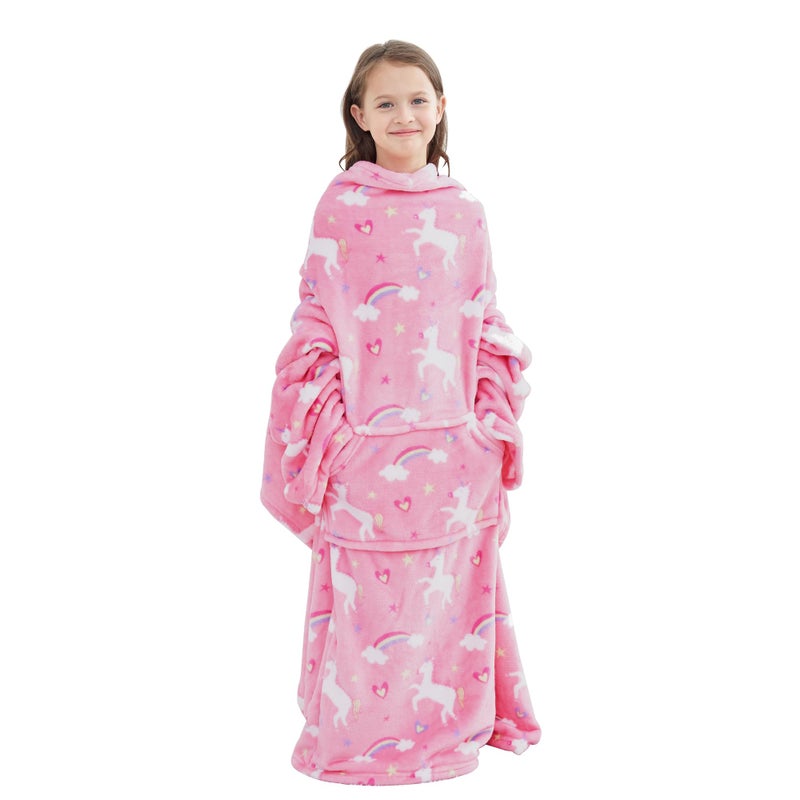softan Wearable Fleece Blanket with Sleeves & Foot Pocket for Kids Boys Girls Children,Lightweight Soft Blanket with Sleeves and Hook & Loop 48" x 48" Pink Unicorn - Image 1