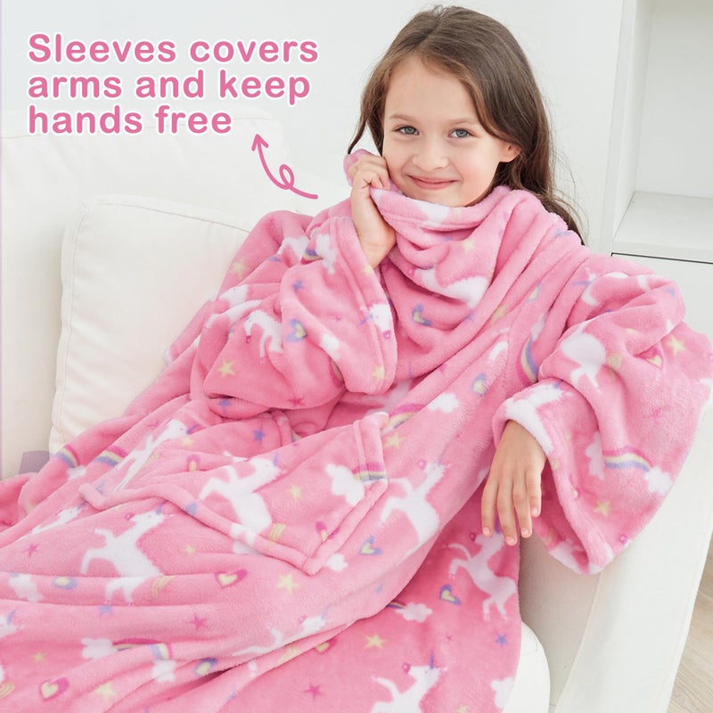 softan Wearable Fleece Blanket with Sleeves & Foot Pocket for Kids Boys Girls Children,Lightweight Soft Blanket with Sleeves and Hook & Loop 48" x 48" Pink Unicorn - Image 5