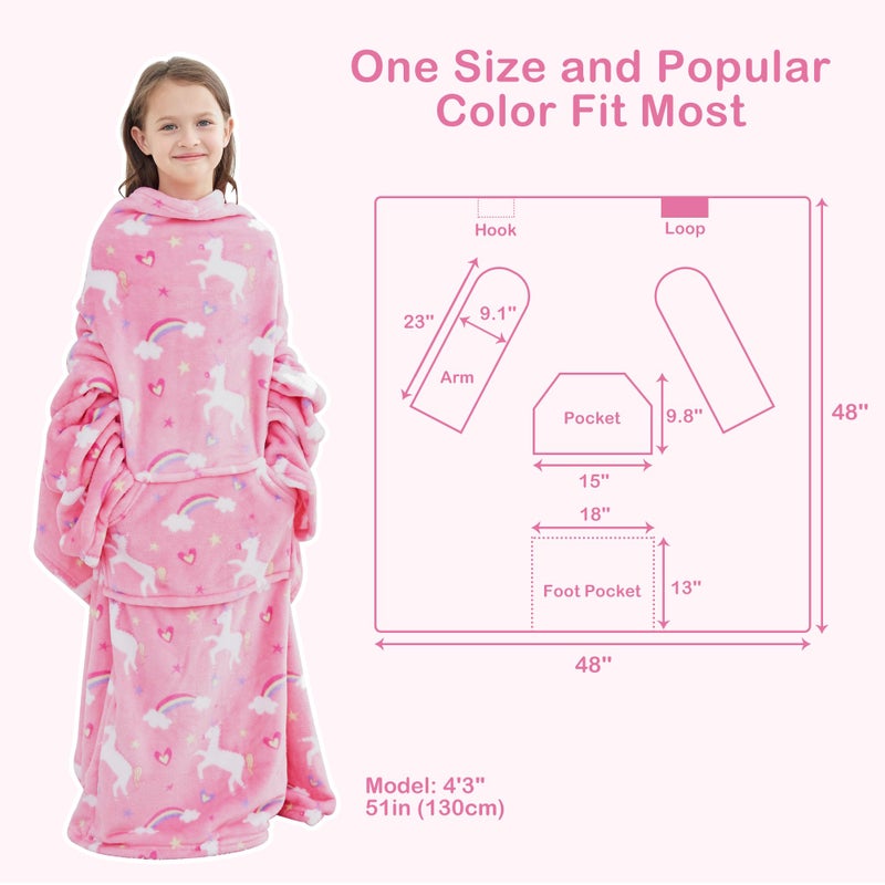 softan Wearable Fleece Blanket with Sleeves & Foot Pocket for Kids Boys Girls Children,Lightweight Soft Blanket with Sleeves and Hook & Loop 48" x 48" Pink Unicorn - Image 4