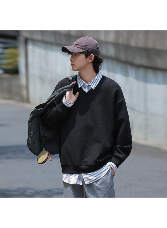 Dingfengbaoluo Shirt Collar Spliced Fake Two-piece American High Street Trendy Long Sleeve Loose Casual Sweatshirt Dap00 Black 2XL - Image 2