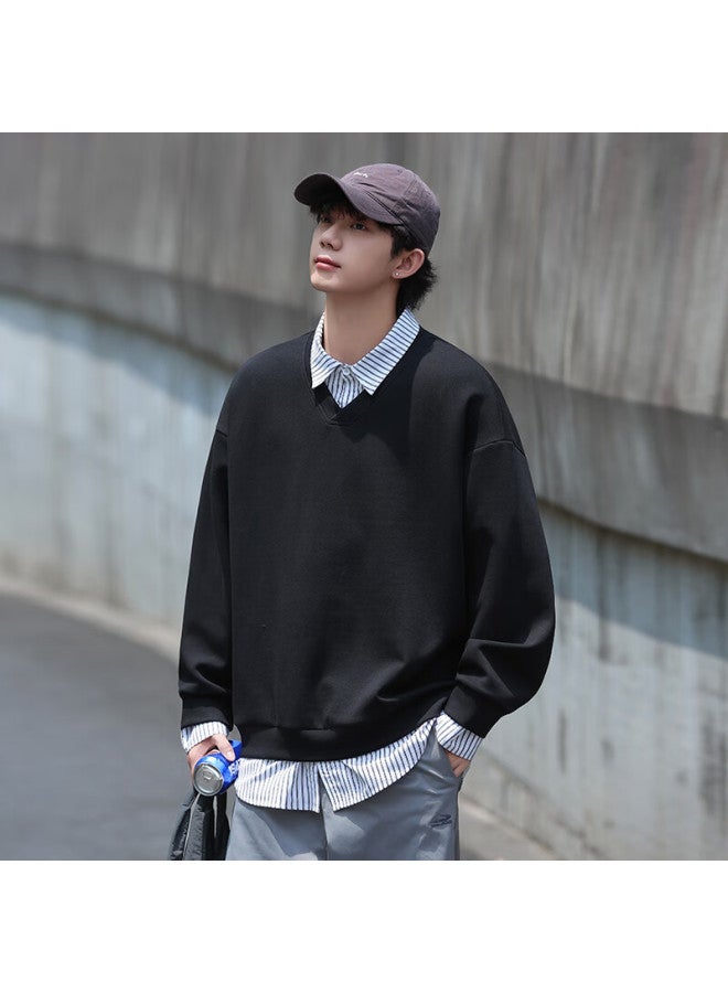 Dingfengbaoluo Shirt Collar Spliced Fake Two-piece American High Street Trendy Long Sleeve Loose Casual Sweatshirt Dap00 Black 2XL - Image 4