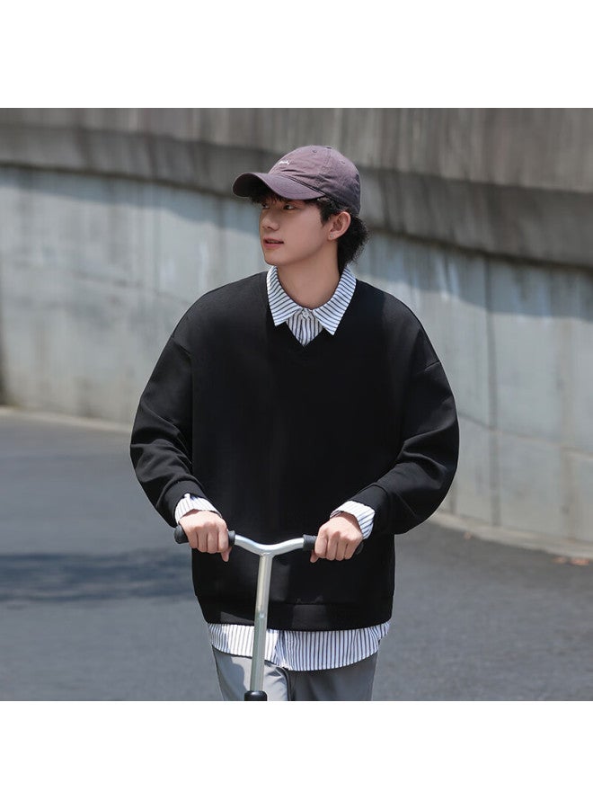 Dingfengbaoluo Shirt Collar Spliced Fake Two-piece American High Street Trendy Long Sleeve Loose Casual Sweatshirt Dap00 Black 2XL - Image 1