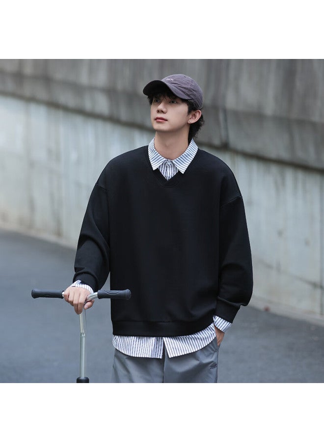 Dingfengbaoluo Shirt Collar Spliced Fake Two-piece American High Street Trendy Long Sleeve Loose Casual Sweatshirt Dap00 Black 2XL - Image 3