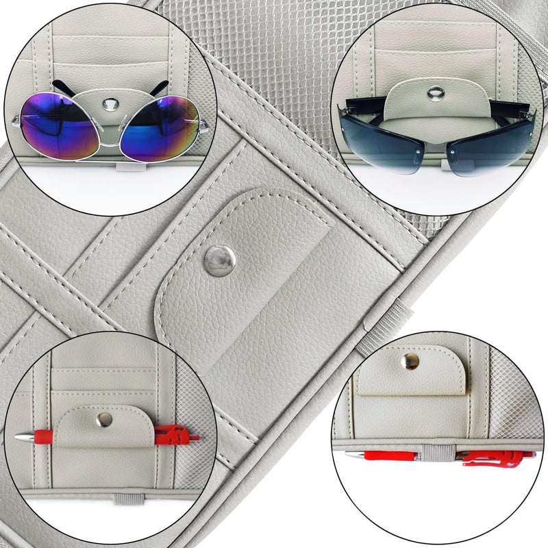 Da by Car Sun Visor Organizer, Multi-Pocket Visor Organizer Storage Pouch for Cars, SUVs & Trucks with Double Zippers, Elastic Bands & Glasses Clip - Organizes Essentials Keep Tidy (Cream Grey) - Image 4