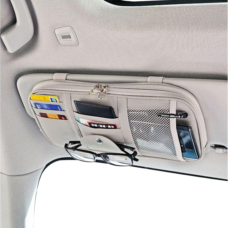 Da by Car Sun Visor Organizer, Multi-Pocket Visor Organizer Storage Pouch for Cars, SUVs & Trucks with Double Zippers, Elastic Bands & Glasses Clip - Organizes Essentials Keep Tidy (Cream Grey) - Image 1