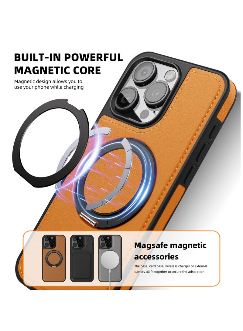 ICARLUS For iPhone 14 Pro max PU Leather+PC+TPU Phone Cover Ring Kickstand Magnetic Phone Case - Orange  - Image 3