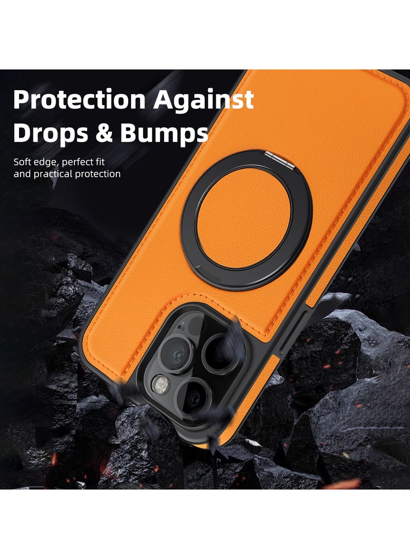 ICARLUS For iPhone 14 Pro max PU Leather+PC+TPU Phone Cover Ring Kickstand Magnetic Phone Case - Orange  - Image 4