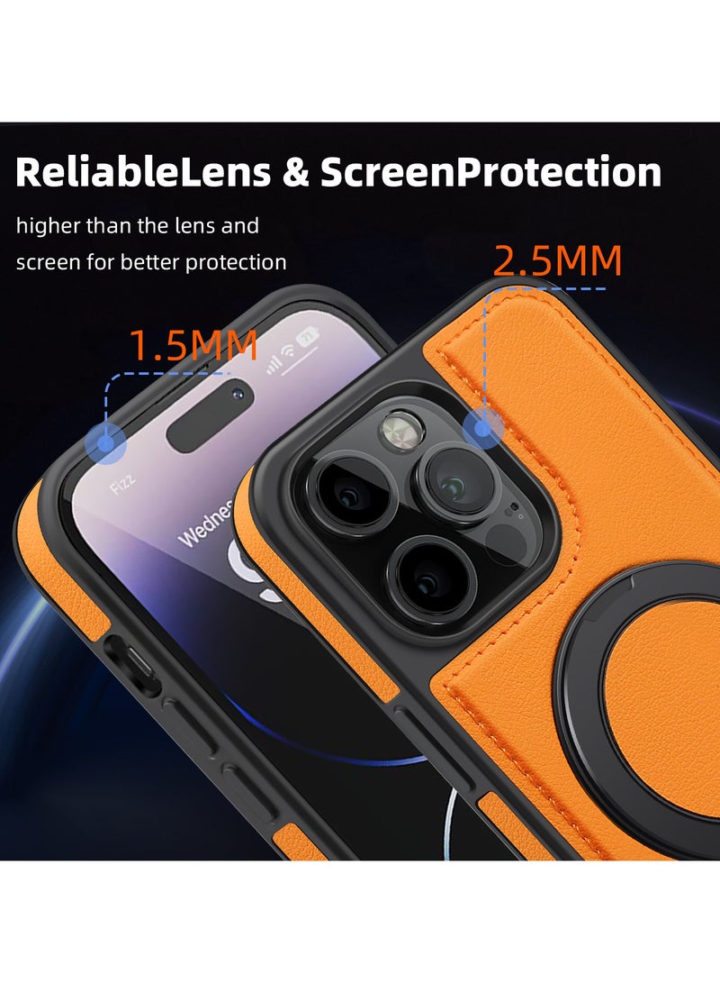 ICARLUS For iPhone 14 Pro max PU Leather+PC+TPU Phone Cover Ring Kickstand Magnetic Phone Case - Orange  - Image 5